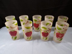 Set of 9 Clear Frosted Glass Tumblers w/ Apples Design Painted On Them 5 1/8″