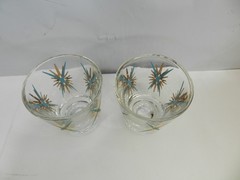 2 Federal Atomic Turquoise & 22-karat Gold Starburst Cocktail Shot Glasses O62J
