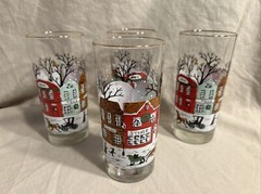 Libbey Christmas Winter Village Snow Scene Set Of 4 Vintage Drinking Glasses