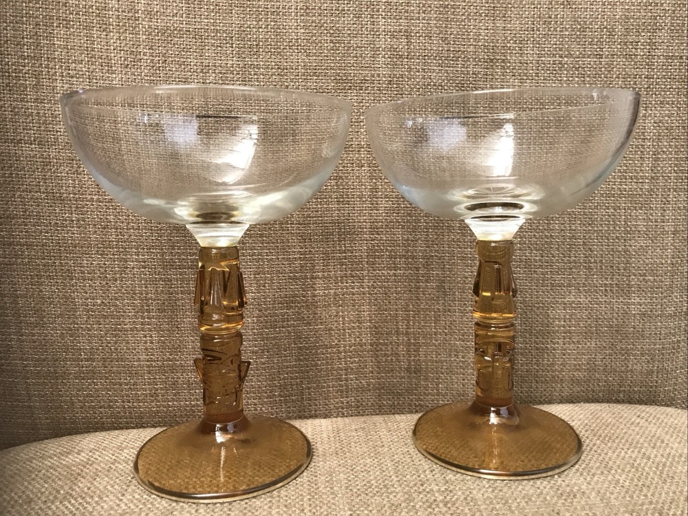 Libbey Polynesian Amber Tiki Stem Coupe Glasses Set Of 2 Barware Tiki Bar