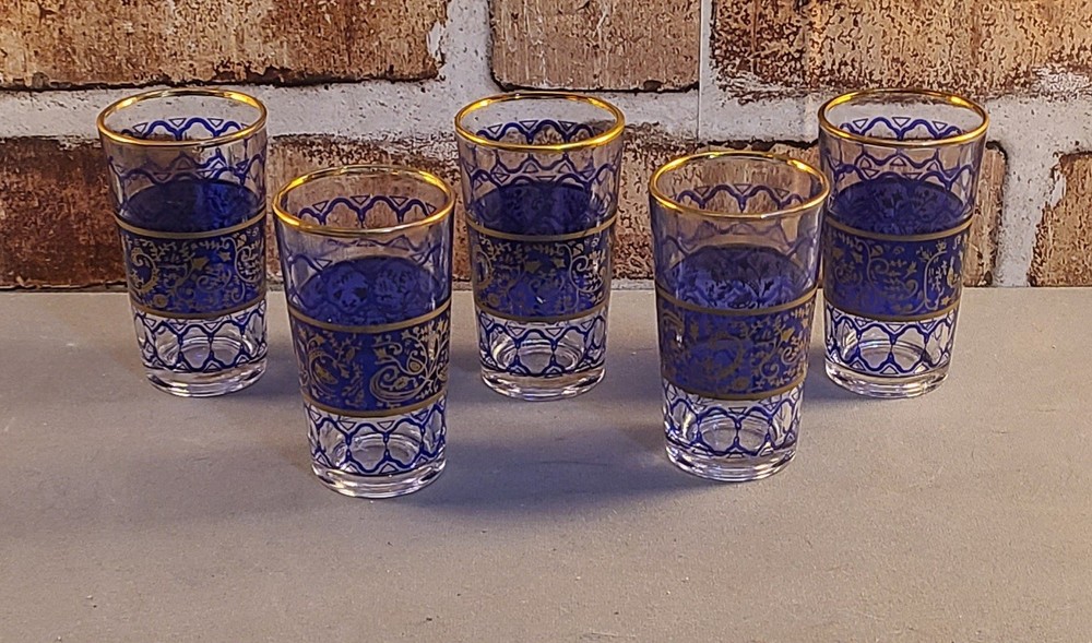 Vtg 5pc Cobalt Blue & Gold Moroccan Tea Glasses 3.5″ Mini Tumblers Boho Barware