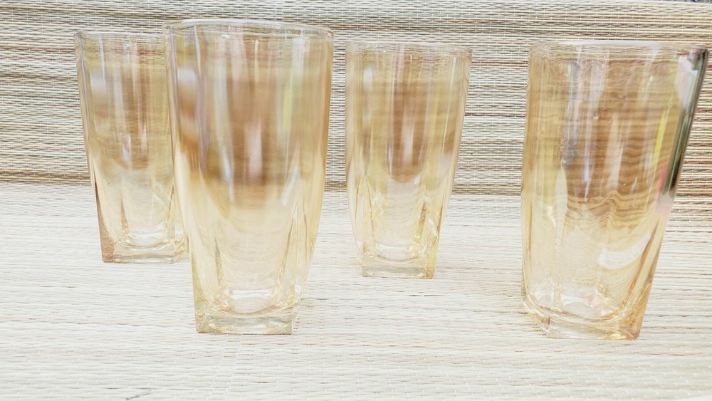 Peach Luster Tumblers Swirl Mid Century Drinking Glasses Square Bottom Set of 4