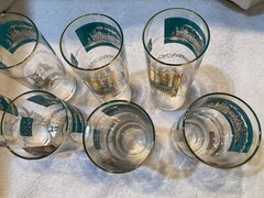 Lot of 7 Vintage Libbey Southern Comfort 22K Gold & Aqua Riverboat Barware GUC