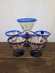 Set Of 6 Vintage Kosta Boda Martini Glasses Blue Bases Red Circle Swirls 12oz
