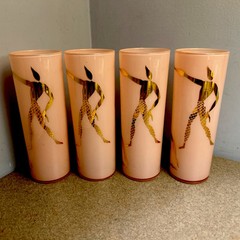 RARE MCM Tom Collins set of 4 Glasses Pink & 22 karat Gold Harlequin Dancers