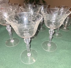 Set of 10 Vintage Etched Floral Crystal Goblets 6.5 inches tall