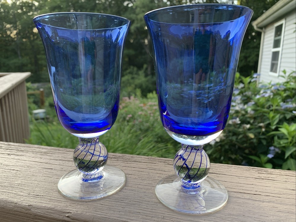 Two Cobalt Blue Wineglasses With Blue Twist Over Clear Stems