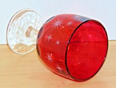 Vintage Bartlett Collins 6″ Atomic Starburst Cranberry Thumbprint Goblet