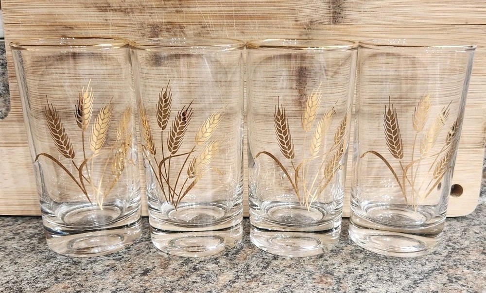 MCM Set of 4 Homer Laughlin 22K Golden Wheat 4 oz Juice Glasses 4″