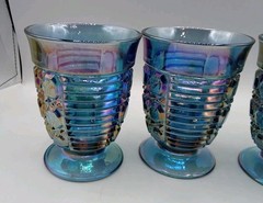 Vintage Windsor button & cane iridescent blue carnival glass Tumbler Juice Glass