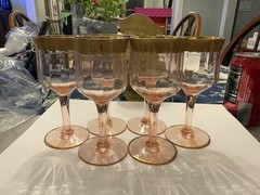 Vintage Pink Depression Tiffin Cordial Glasses With Gold Trim Set Of 6