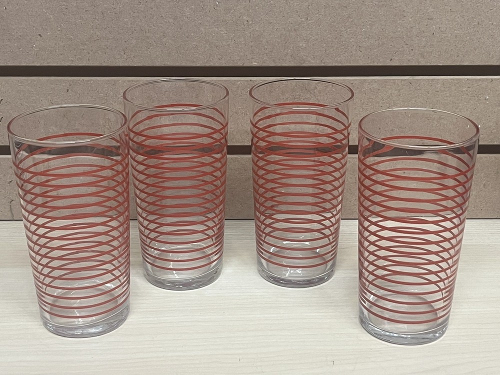 LIBBEY Red Stripe Tumbler Glasses 16 oz Vintage Set 4