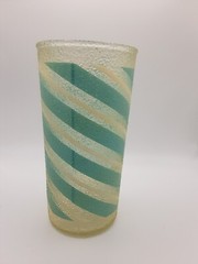 MID CENTURY MODERN AQUA CANDY STRIPE FROSTED TEXTURE TUMBLER GLASS – 1PC