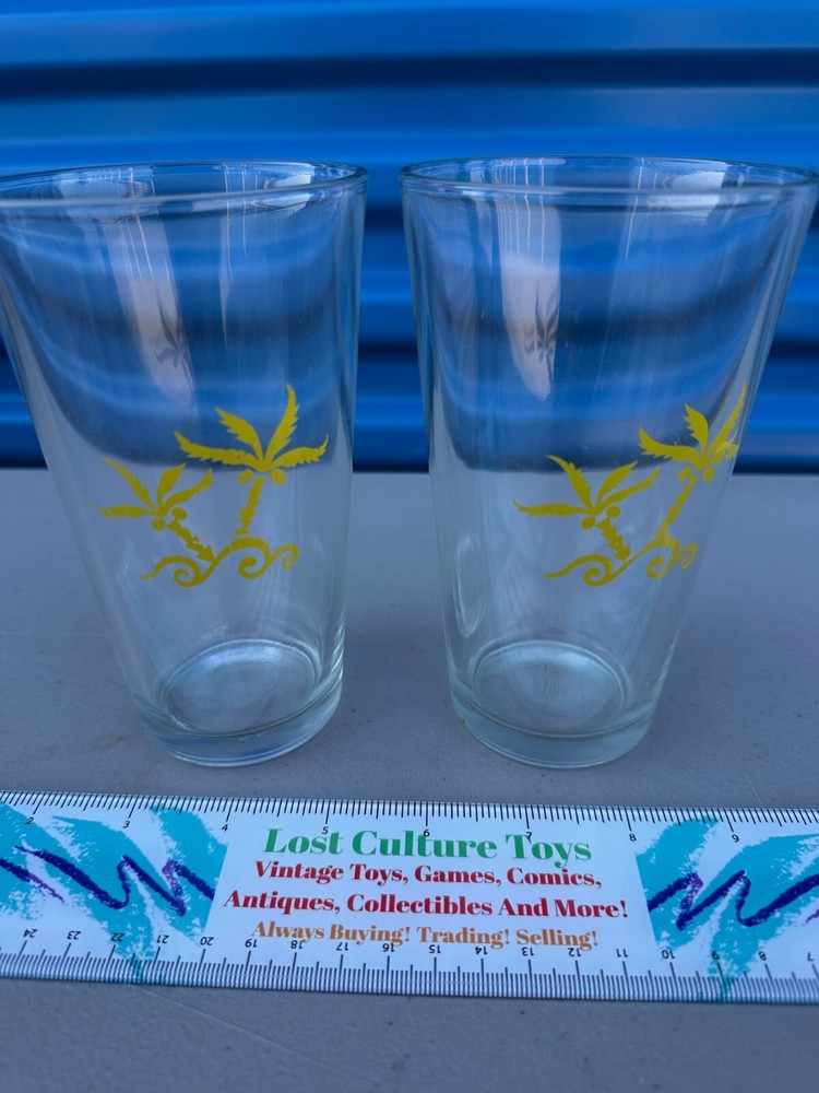 Vintage 1960’s Yellow Palm Tree Spray Design Pint Glasses Tumbler Set Of 2