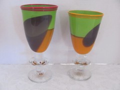 Robinson Scott 2005-Studio Art Glass-Orange Purple Green-Signed-Set of 2 Goblets