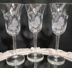 3 Delightful Butterfly Cut Crystal Wine Glasses Goblets Set