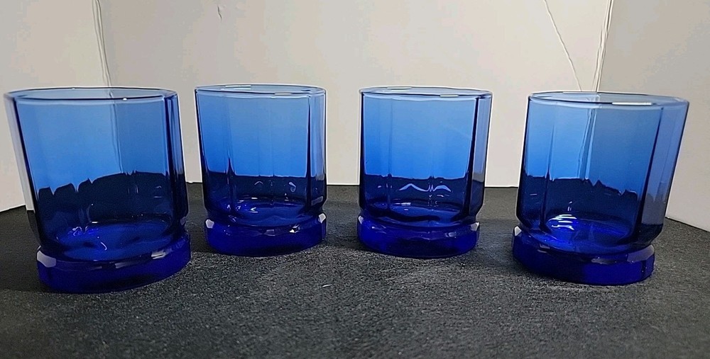 4 Anchor Hocking Rock, Lowball Cobalt Blue Essex 10 Panel Glasses