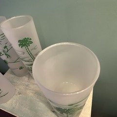 Vintage Set Of 4 Frosted Glass Vacation Themed palm trees sailboats Tumblers 430