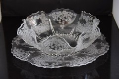 Depression glass, Martinsville console bowl with bottom plate etched flowers