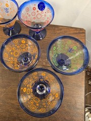 Set Of 6 Vintage Kosta Boda Martini Glasses Blue Bases Red Circle Swirls 12oz