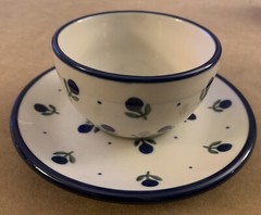 Polish Pottery (Ceramika Artystyczna) Cup & Saucer, Blue Buds Pattern-Hand Made