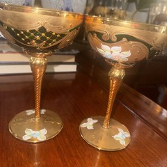 A stunning Pair of Antique Venetian Green Glasses Gold Glit Hand Painted Italy