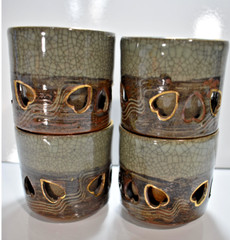 Somayaki Otagiri Ceramic Cups Set Of 4 Crackle Glaze Cut Out Hearts Brown Grey
