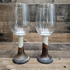 Vintage Signed Wine Glasses Stems Stoneware Pottery Set 2 Rustic Farmhouse