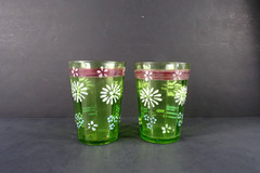 2 EAPG Victorian Green Optic Ribbed Tumblers Sweet Enameled White Blue Flowers