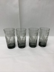 Vintage Smoky Gray Etched Mallard Ducks birds Barware Water Tumblers Set 4