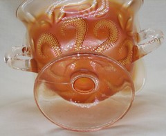 Dugan Question Marks Two-Handled Footed Bonbon in Marigold Carnival Glass