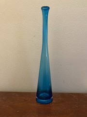 Vintage Turquoise Blue Glass Vase- 15-1/2″ Pink Around Top Rim