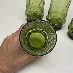 MCM 70s Anchor Hocking Rainflower 6” High Tumbler Glass Set of 4 Avocado Green