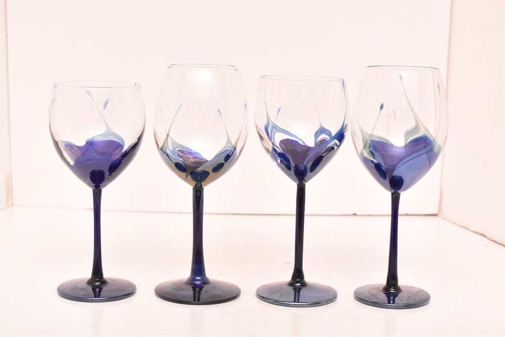 Randy Strong Studio Art Glass Set of 4 Wine Goblets Blue Pulled Feather SIGNED