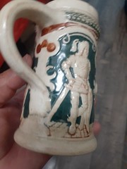 German Beer Stein. Knights Theme. Vintage. Approx 5.25″ Tall. Approx 10oz. Read!