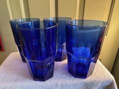 4 Vintage Libbey Crisa Cobalt Blue 8 Panel Drinking Glasses Tumblers