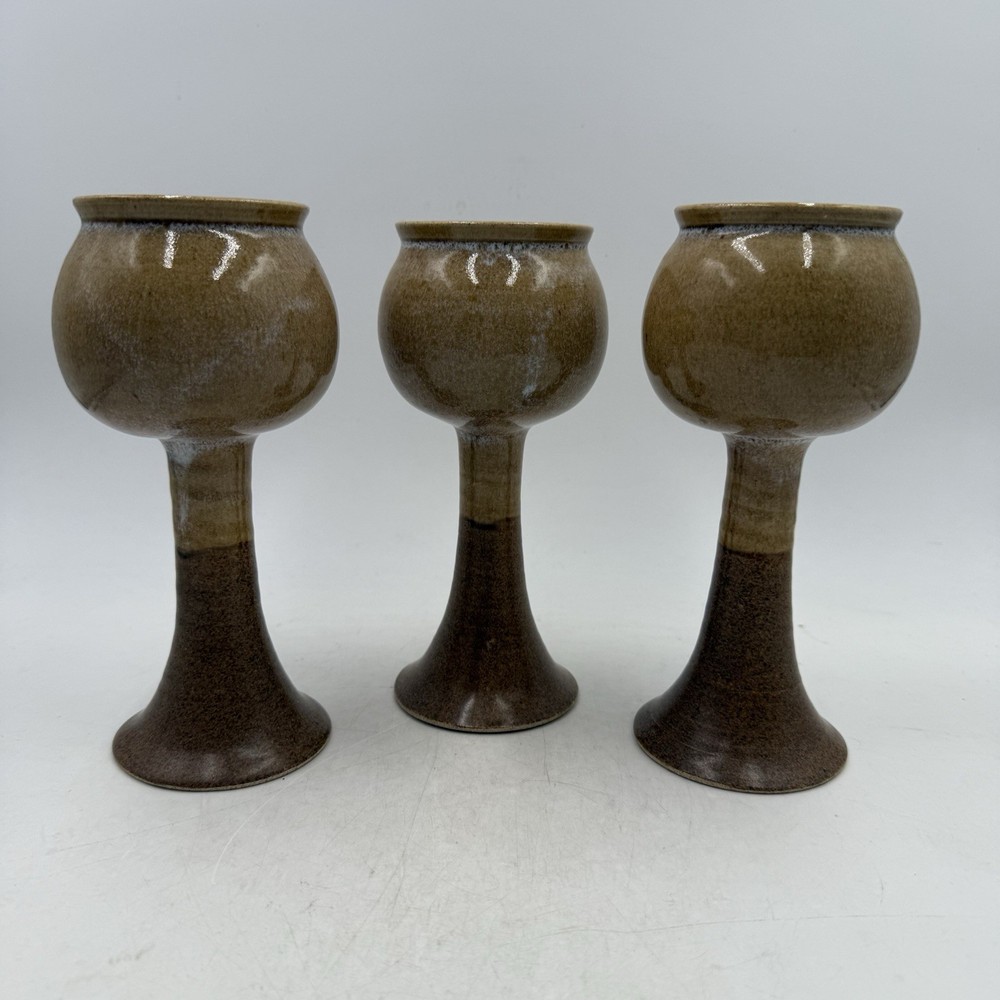 Set Of 3 Studio Art Pottery Wine Goblets Glasses Ceramic Brown Beige