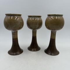 Set Of 3 Studio Art Pottery Wine Goblets Glasses Ceramic Brown Beige