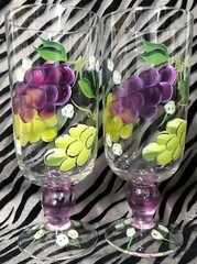 2 Crystal Footed Iced Glasses w/Painted Purple & Green Grapes, 8 in tall