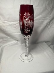 Ajka Marsala Ruby Red Cut to Clear Crystal Fluted Champagne Made in Hungray