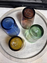Set of 4 Hand Blown Mexican Art Drinking Glass Tumblers -Amber Blue Green Brown