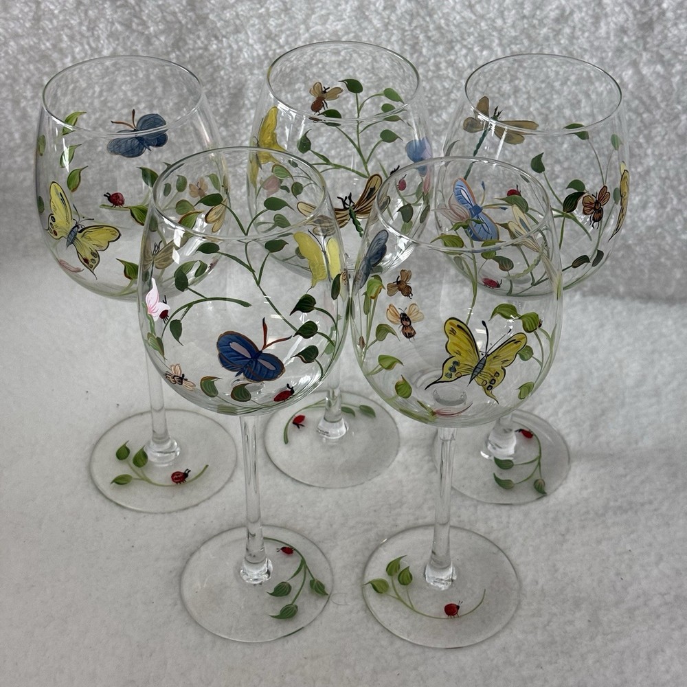 Lenox Butterfly Meadow Hand Painted Wine Glasses Water Goblets Set Of 5