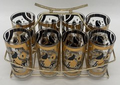 Fred Press Signed 22 Karat Gold Highball Glasses – Set of 8 – 1960s MCM Barware