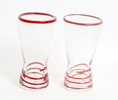 Clear Glass Tumbler Beer Glass Applied Red Glass Swirl Red Rim Pair