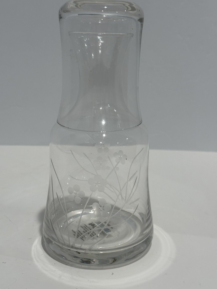 Pier One Blown Glass Etched Cherry Blossom Clear Tumble Up Bedside Carafe W/Cup