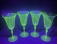 Vtg Fostoria 877 Light Green 8” Water Glasses Uranium Glass 1927-1939 Set Of 4