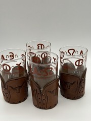 2 Vintage Bamco Western Tumbler Glasses Tooled Leather Sleeve Longhorn Cattle