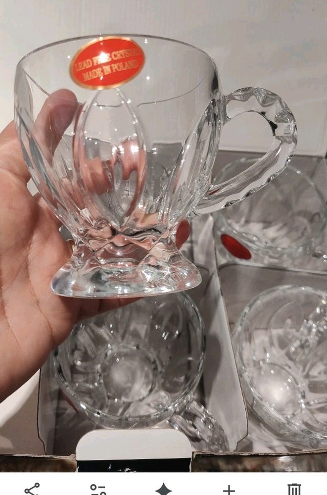 Irena Heavy Clear Crystal Glass Tea Coffee Cups Made in Poland (Set of 6),NEW!