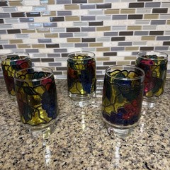 Vintage MCM 1970’s LIBBEY Stained Glass Fruit Drinking Glasses, Set Of 5 – 5.5”