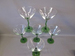Set 6 COURBE WAVY Libbey Pedestal MARTINI GLASSES GREEN Squiggle Stem Zig Zag